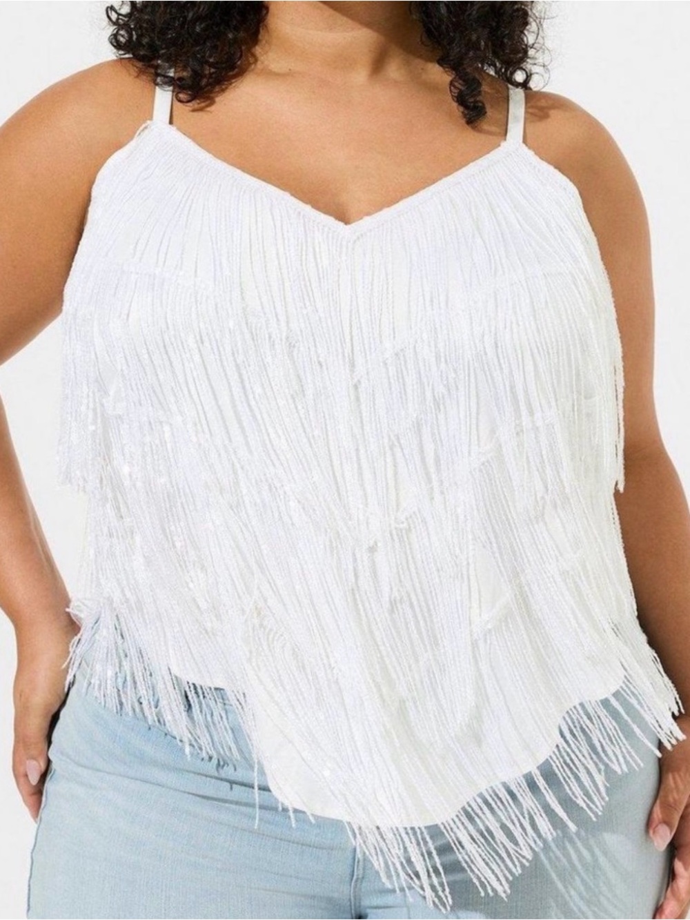 torrid White Fringe V-Neck Spaghetti Strap Camisole